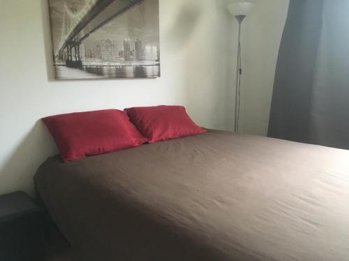 - un lit avec 2 oreillers rouges dans l'établissement Chambre dans une villa, à Beaupuy