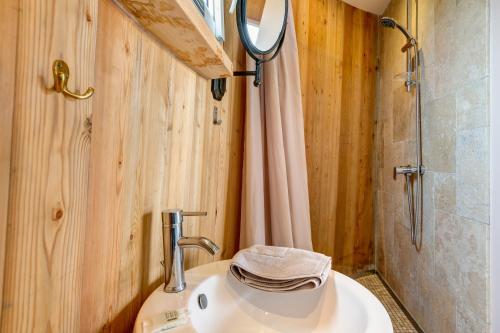 a bathroom with a sink and a shower at Coup 2 Foudres in Saint-Jean-de-Blaignac