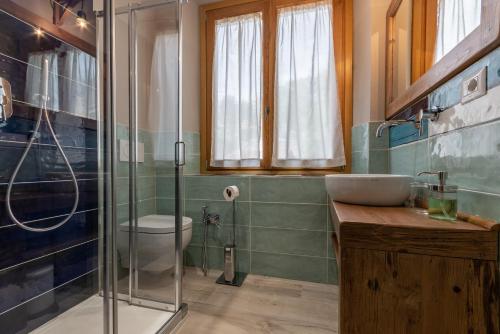 ガイオーレ・イン・キアンティにあるB&B L'Eroicoのシャワー、トイレ、洗面台を備えたバスルーム