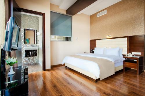 a hotel room with a bed and a flat screen tv at Hotel Orion Tbilisi in Tbilisi City