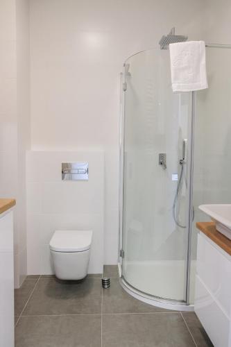 a bathroom with a shower with a toilet and a sink at Apartment & Room MARINA BORKI - Apartamenty ZEFIR in Augustów
