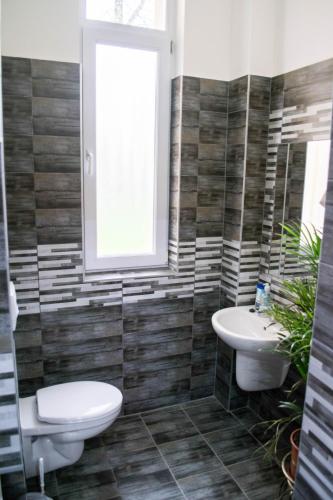 a bathroom with two toilets and a window at Petra Hotel in Nyíregyháza