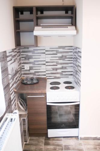 a kitchen with a stove and a counter top at Petra Hotel in Nyíregyháza