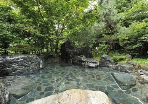 a pool of water with rocks and trees at Higashiyama Park Hotel Shinfugetsu in Aizuwakamatsu