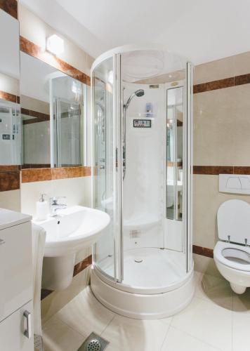 a bathroom with a shower and a sink and a toilet at Superb main square residence in Betina