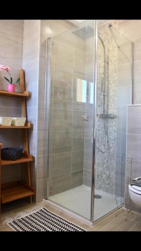 una ducha con puerta de cristal en un baño en koh tao, en Canet-en-Roussillon