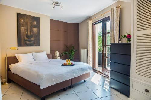 - une chambre avec un grand lit et une fenêtre dans l'établissement Brussels Expo Terrace Residence, à Wemmel