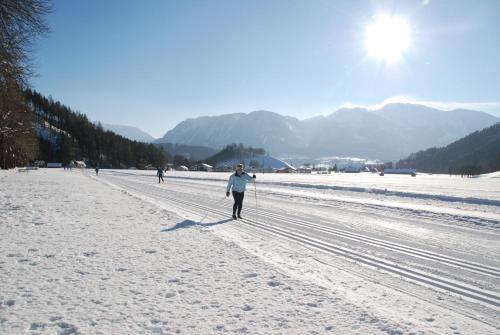 a person is walking on a beach in the snow at Villa Sonnwend National Park Lodge in Rossleithen