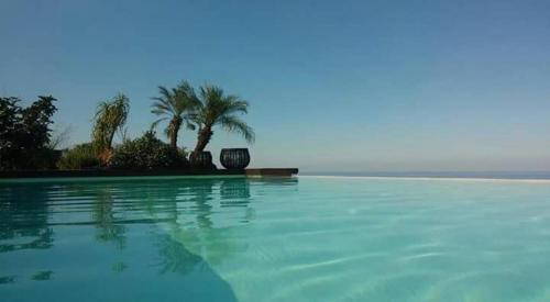 a swimming pool with palm trees and the ocean at La casa del panorama in Valverde