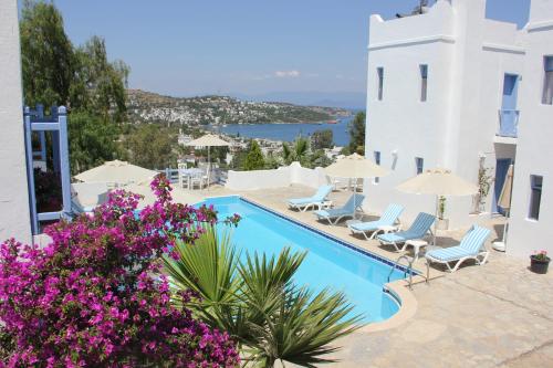 a view of a swimming pool with chairs and flowers at Panorama Hotel Bodrum in Golturkbuku
