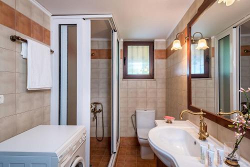 y baño con lavabo, aseo y espejo. en Samarian Cottage, en Lákkoi