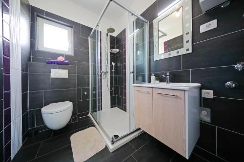a bathroom with a shower and a toilet and a sink at Boutique Apartments Blitz in Bibinje