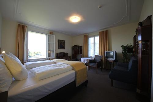 a hotel room with a bed and a television at Gasthaus zum Kreuz in Luzern