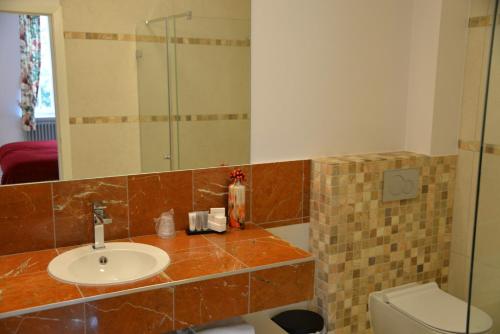 a bathroom with a sink and a toilet and a mirror at Notarishuis Beveren B&B in Beveren