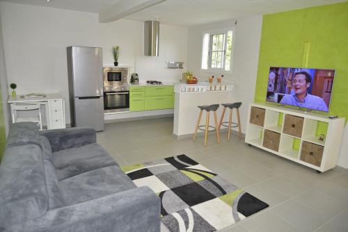 a living room with a couch and a tv in a kitchen at Résidence Kay Mamy Zèt in Le François