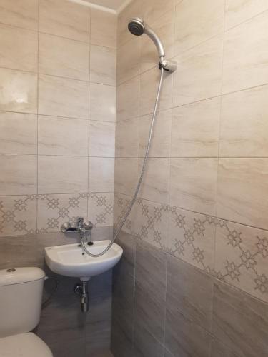 a bathroom with a shower and a toilet and a sink at Guest House Antique in Sozopol