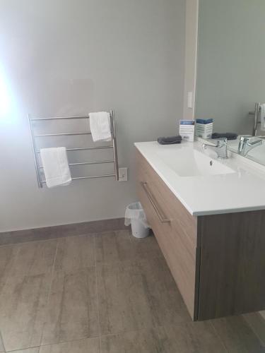 a bathroom with a sink and a mirror at Mt Cook View Motel in Fox Glacier