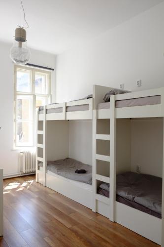 two bunk beds in a room with a window at Lovecroatia Zagreb - 'Pax nest' in Zagreb