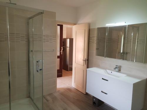 Un baño con lavabo y ducha de cristal. en Résidence Palmarella, en Galeria