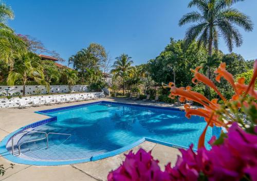 a swimming pool in a yard with palm trees at Hotel Colinas del Sol in Atenas
