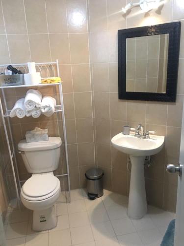 a bathroom with a toilet and a sink and a mirror at villa serena 4 Beds, 2 Bath in Rosarito