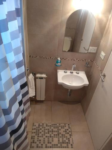 een kleine badkamer met een wastafel en een spiegel bij Temporario 44 in La Plata
