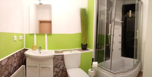 a green and white bathroom with a sink and a shower at Santos in Kappel-Grafenhausen