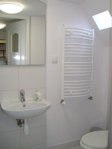 a bathroom with a sink and a toilet and a mirror at Pokoje Gościnne Irene in Poznań