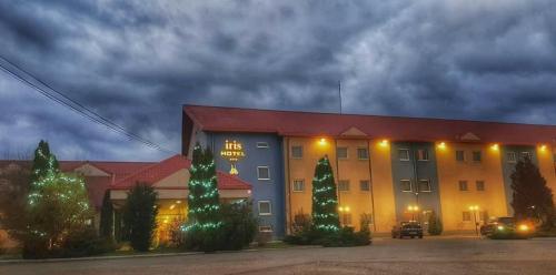 a hotel with christmas trees in front of a building at Iris Hotel in Oradea