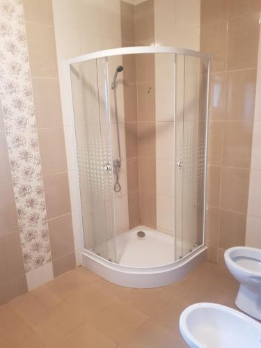 uma casa de banho com um chuveiro e um WC. em Cazare Balliu em Corbu