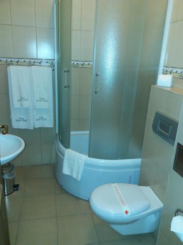 a bathroom with a shower and a toilet and a sink at Hotel & Restaurant Great Wall - Airport in Sarajevo