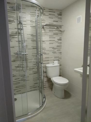 a bathroom with a toilet and a glass shower at Hostal Buenavista in San Ciprián