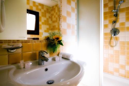 a bathroom sink with a vase of flowers on it at Hotel Bright in Rome