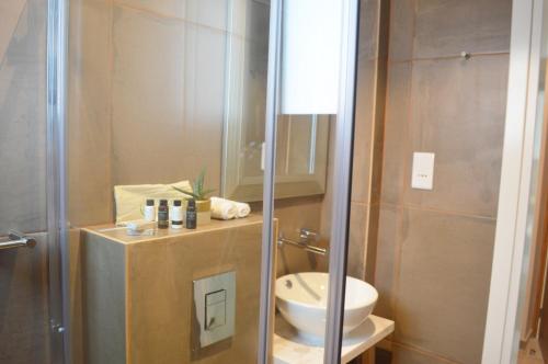 a bathroom with a shower with a sink and a toilet at Hypnos Boutique Hotel in Nicosia