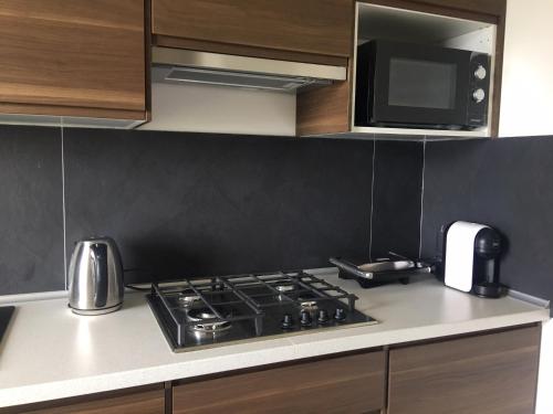 a kitchen with a stove top and a microwave at Casa Claudia in Assenza di Brenzone