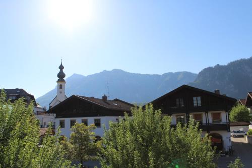 a town with a church and mountains in the background at Ferienwohnung Traudl in Inzell