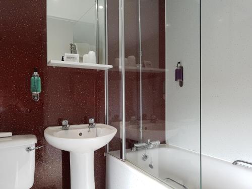La salle de bains est pourvue d'un lavabo, de toilettes et d'une douche. dans l'établissement Shap Wells Hotel, à Shap