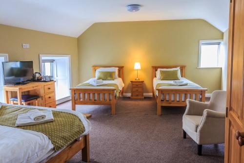 a bedroom with two beds and a tv and a chair at The Bridge Tavern in Wicklow