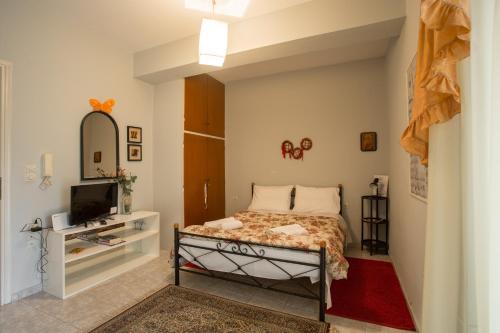 a bedroom with a bed and a tv in it at Studios Theodore in Kalamata