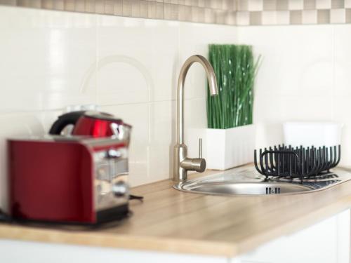 einen Toaster auf einer Küchentheke neben einer Spüle in der Unterkunft Apartament Międzyzdroje Horyzont Blue in Misdroy