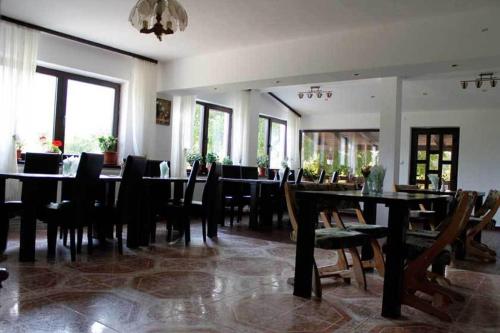 a dining room with a long table and chairs at Pensiunea din Livada in Bran
