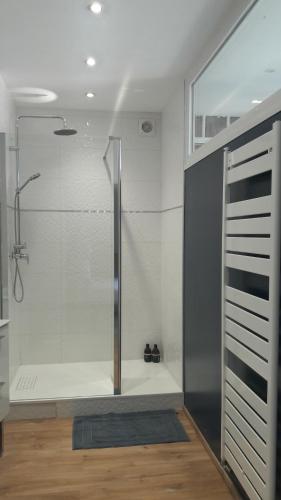 une douche dans une salle de bain avec une porte vitrée dans l'établissement La Petardière, à Meaux