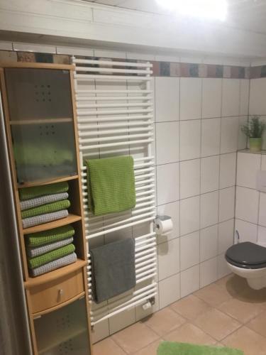 a bathroom with a towel rack and a toilet at Weinstraße 2 in Höchstberg