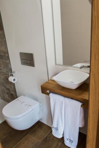 a bathroom with a sink and a toilet and a mirror at Casa da Balconada in Santiago de Compostela