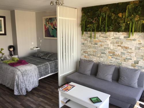 - un salon avec un canapé et un lit dans l'établissement 1 Chambre, 1 P'tit dèj', 1 Sourire, à Montpellier