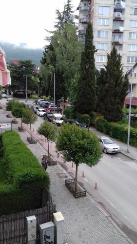 a view of a street with parked cars and trees at Nikolic Apartments - Ohrid City Centre in Ohrid