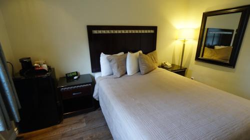 a hotel room with a large bed with a mirror at Trylon Hotel - Hollywood in Los Angeles