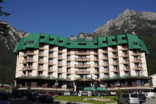 a hotel with cars parked in front of it at Hotel Silva Busteni in Buşteni