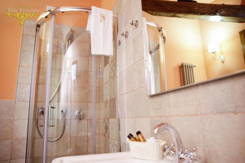 a bathroom with a shower with a sink and a mirror at Villa Floridiana in Anagni