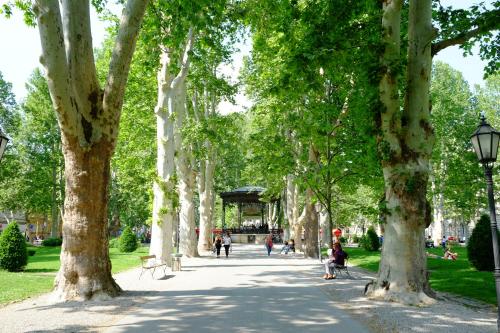 a park with trees and people sitting on benches at Lovecroatia Zagreb - 'Pax nest' in Zagreb
